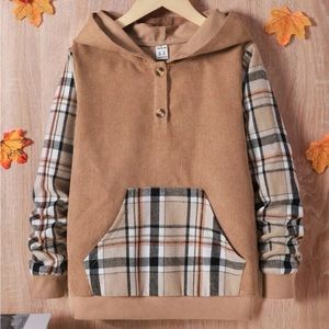 brown shirt Boys Plaid Print Kangaroo Pocket Hoodie size 12y but runs small